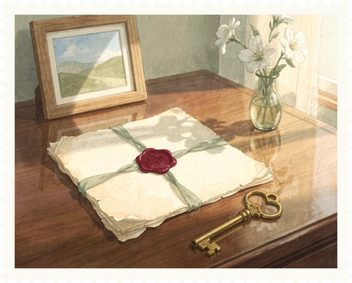 Painting of an old property deed with a red wax seal and a brass key, framed like a postage stamp.