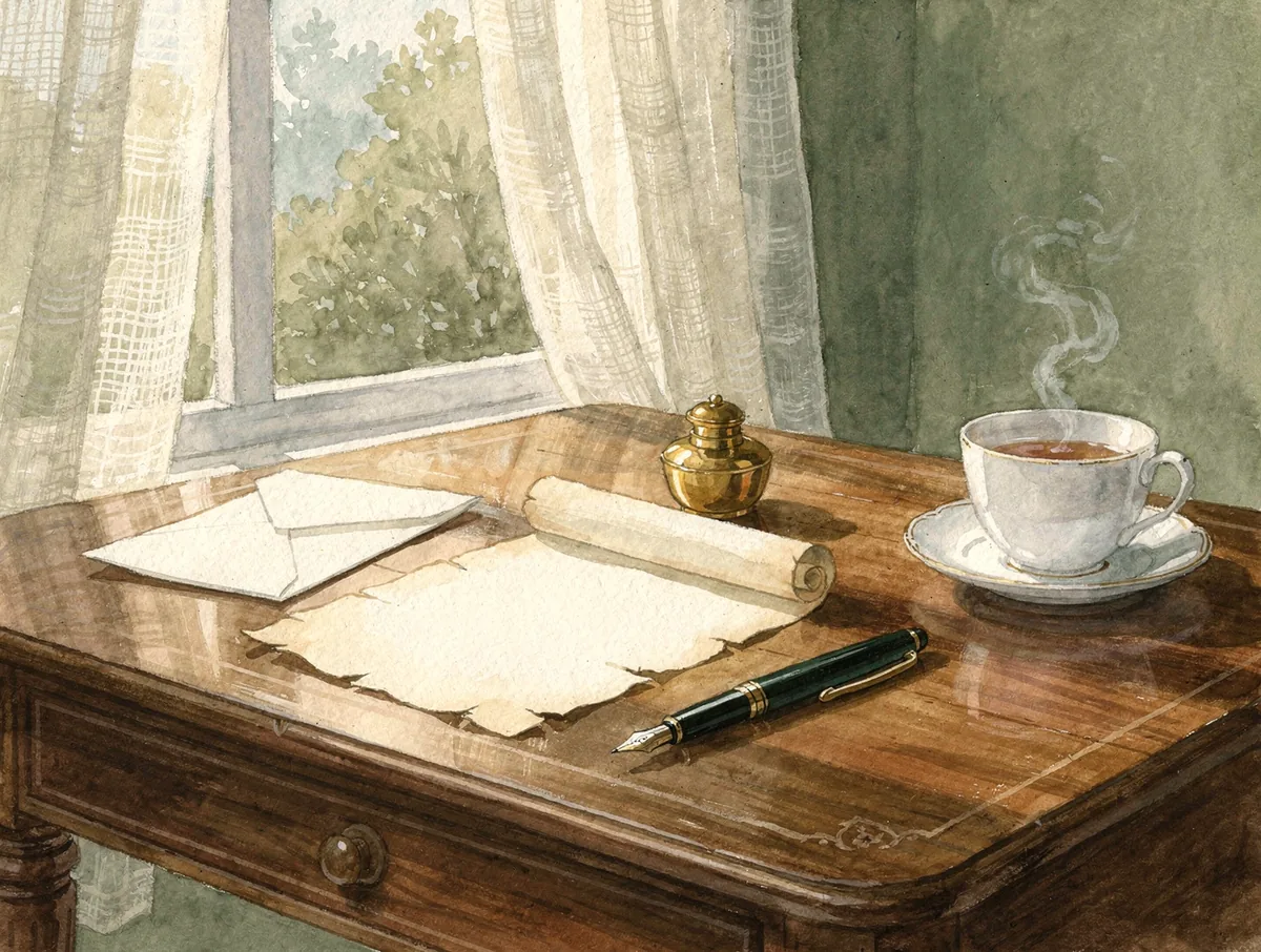 Painting of a sunlit desk with an old property deed, an inkwell, a fountain pen and a cup of tea, illustrating a title search in progress.