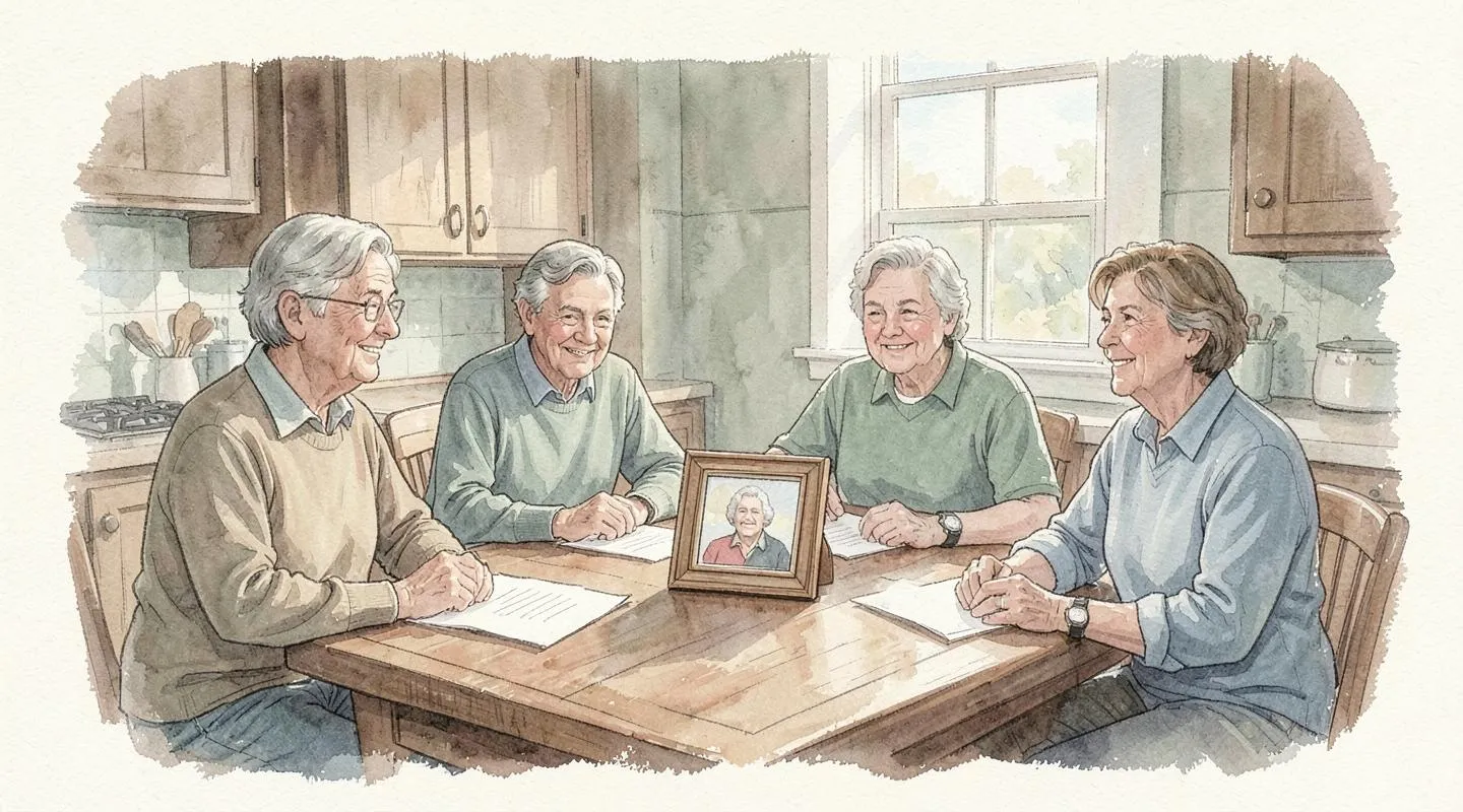 Illustration: Three relatives of different ages seated around a farmhouse kitchen table with blank papers and a framed photo of a grandparent