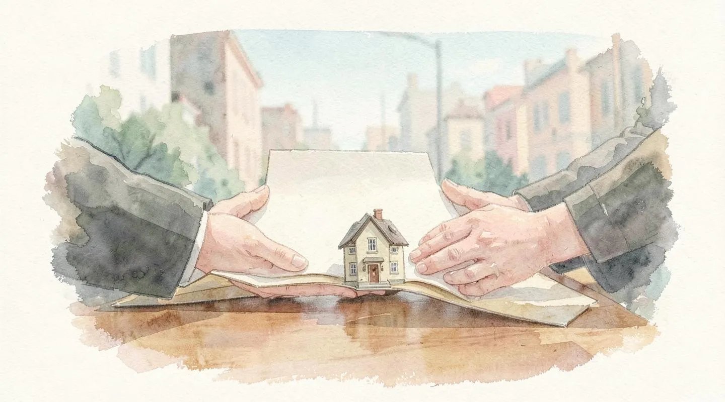Illustration: A folder passing from one pair of hands to another across a desk