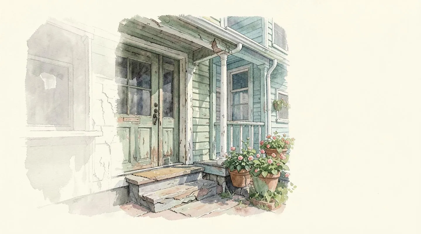 Illustration: Close view of an older row house porch with peeling paint