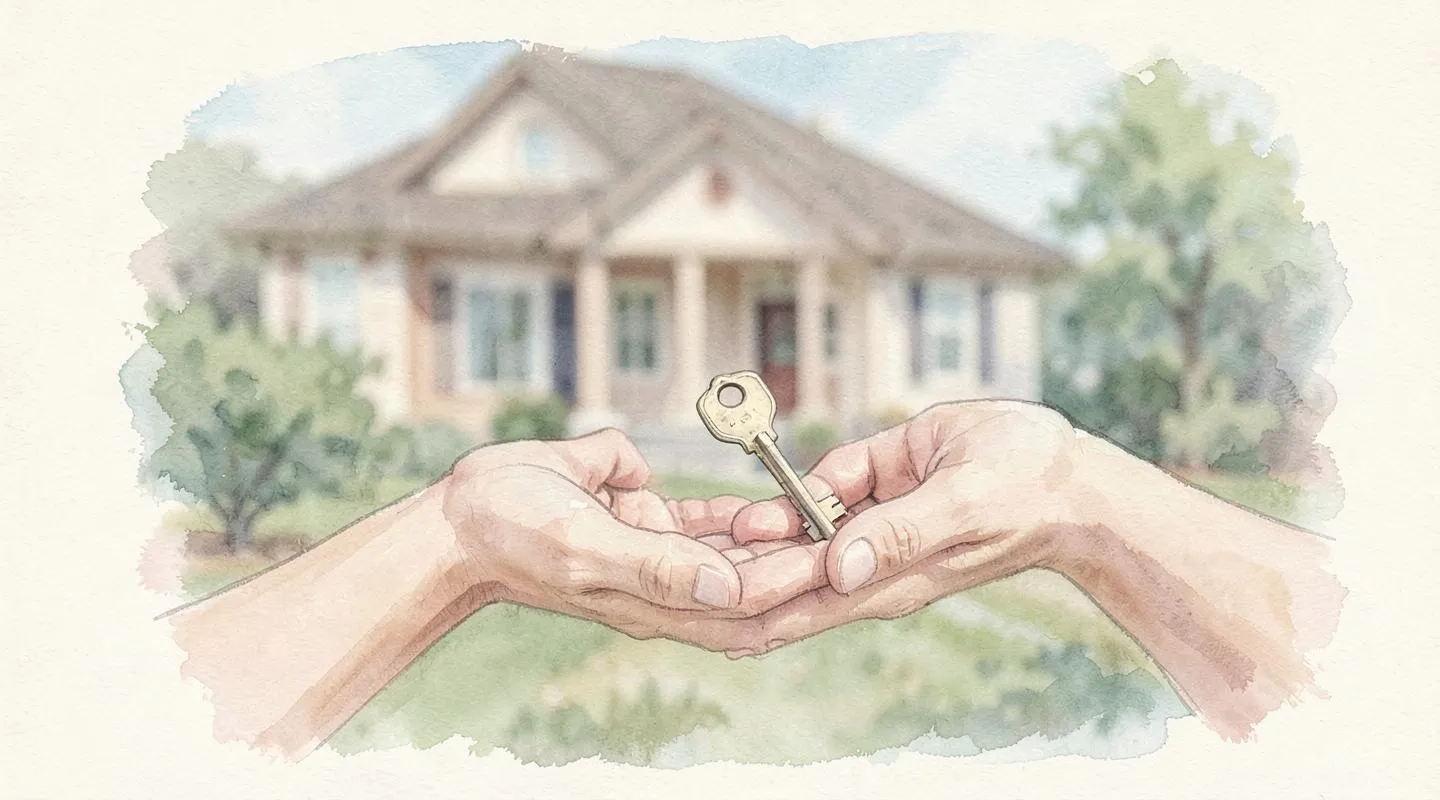 Illustration: A house key passed from one open hand to another in front of a softly blurred home