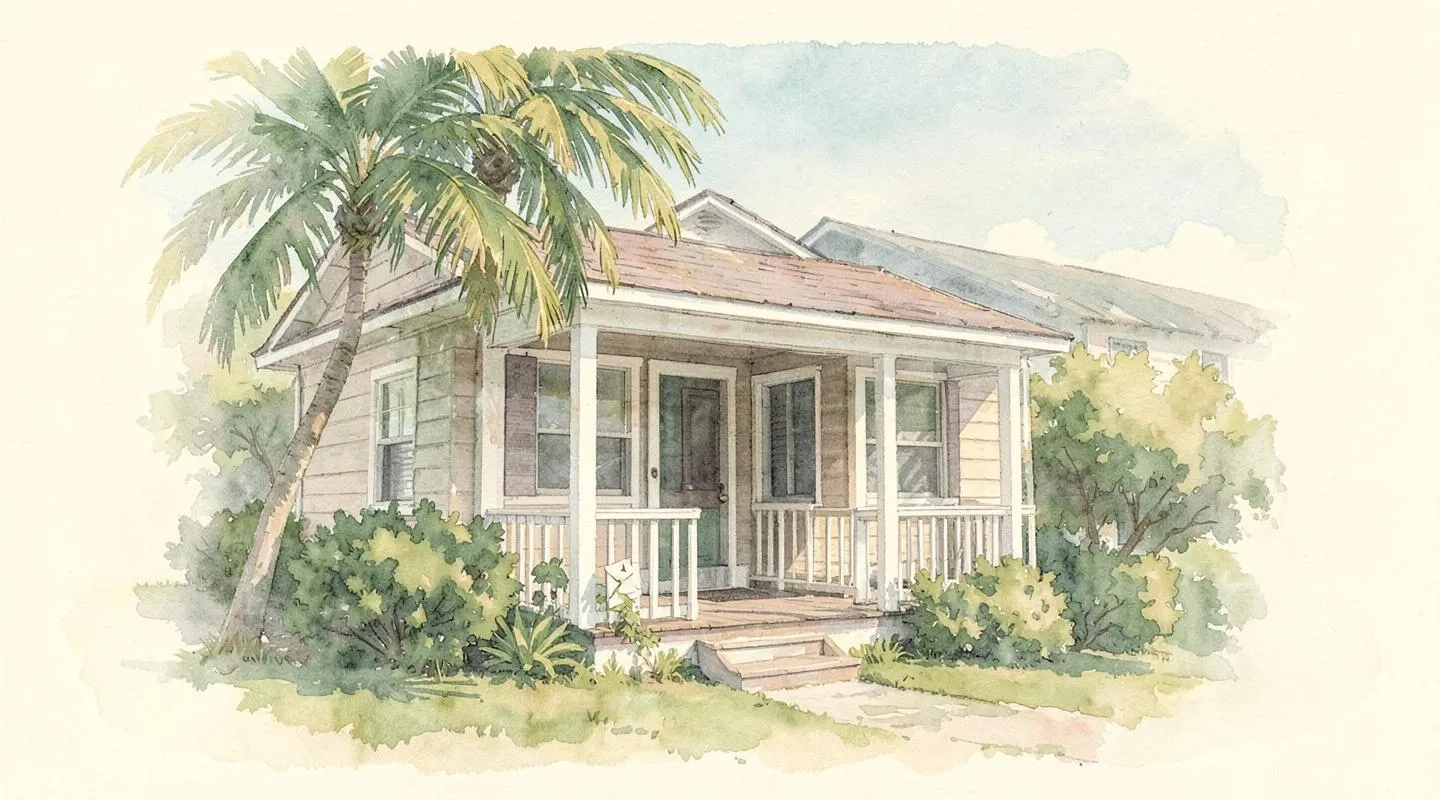 Illustration: A Florida bungalow with a palm tree and a small front porch