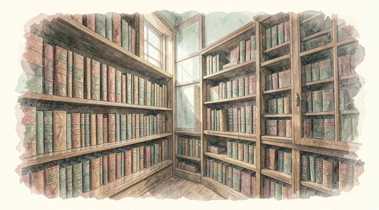 Illustration: Tall wooden shelves of heavy leather-bound ledger volumes in an old county records room
