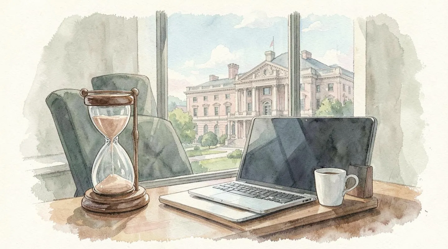 Illustration: An hourglass on a desk beside a laptop and a coffee cup