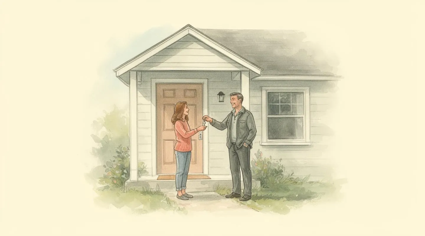 Illustration: A couple at the front door of a small house
