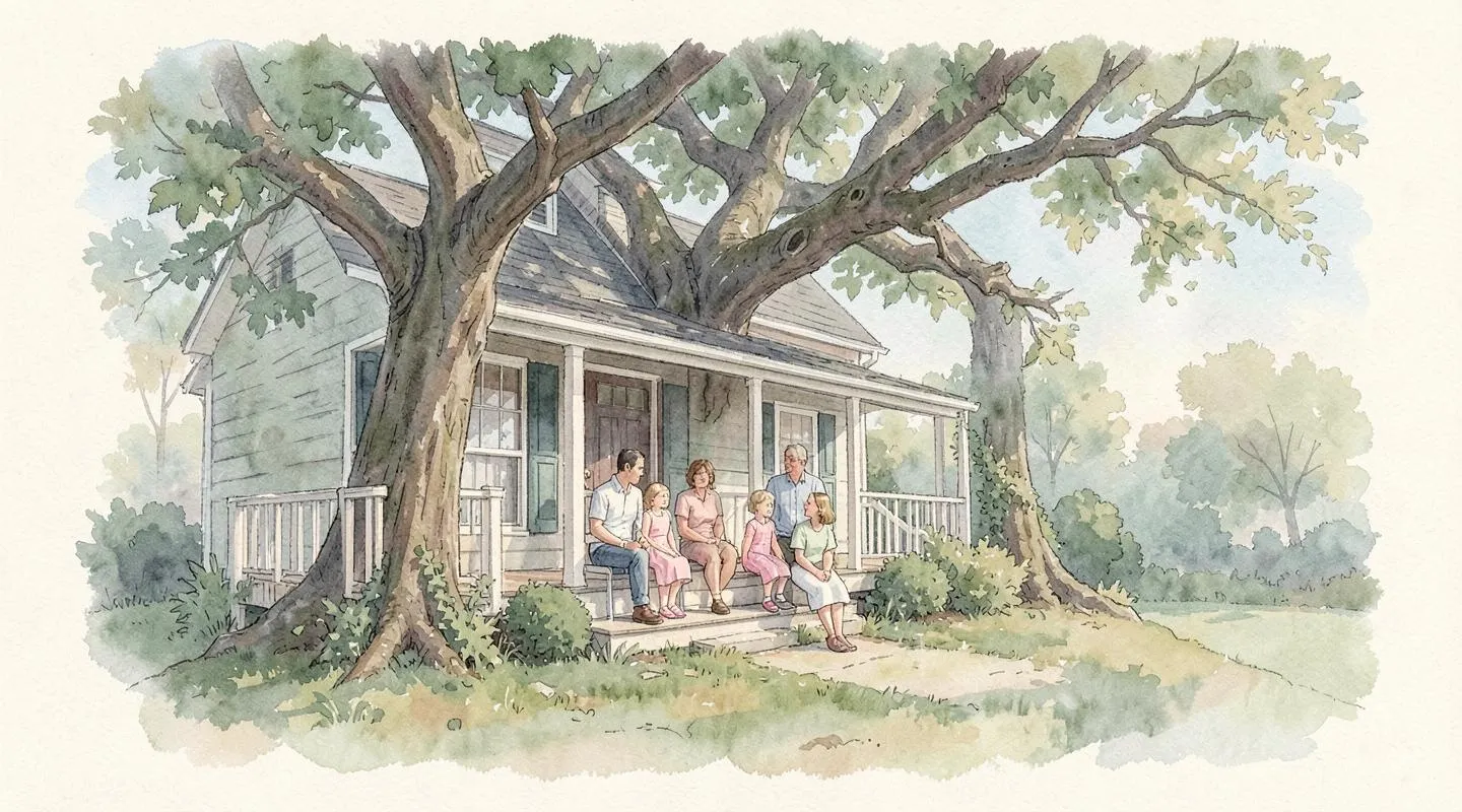 Illustration: Three generations of a family on the porch of a cottage under a large old oak tree