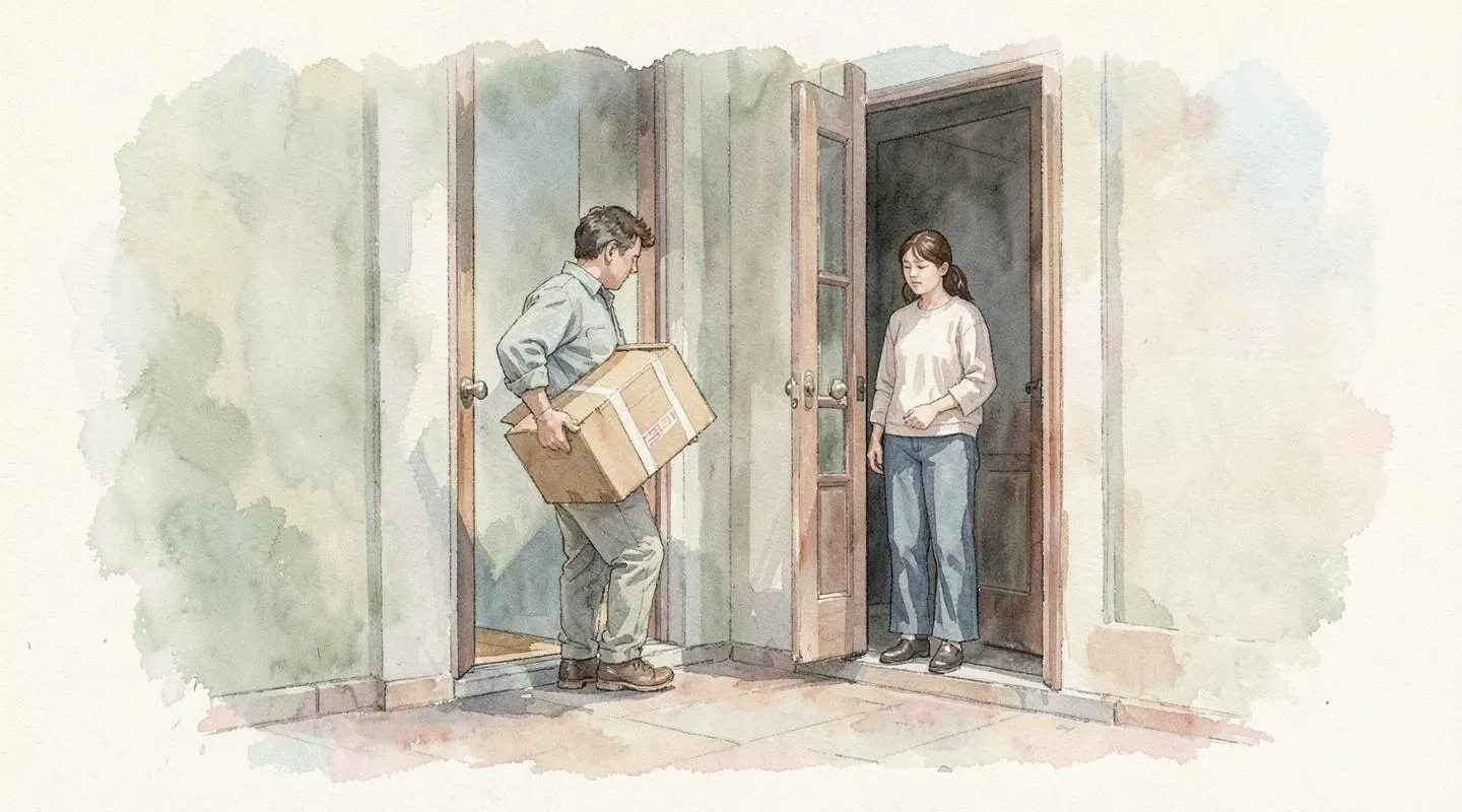 Illustration: One person carrying a moving box out of a front door while another person waits calmly in the doorway