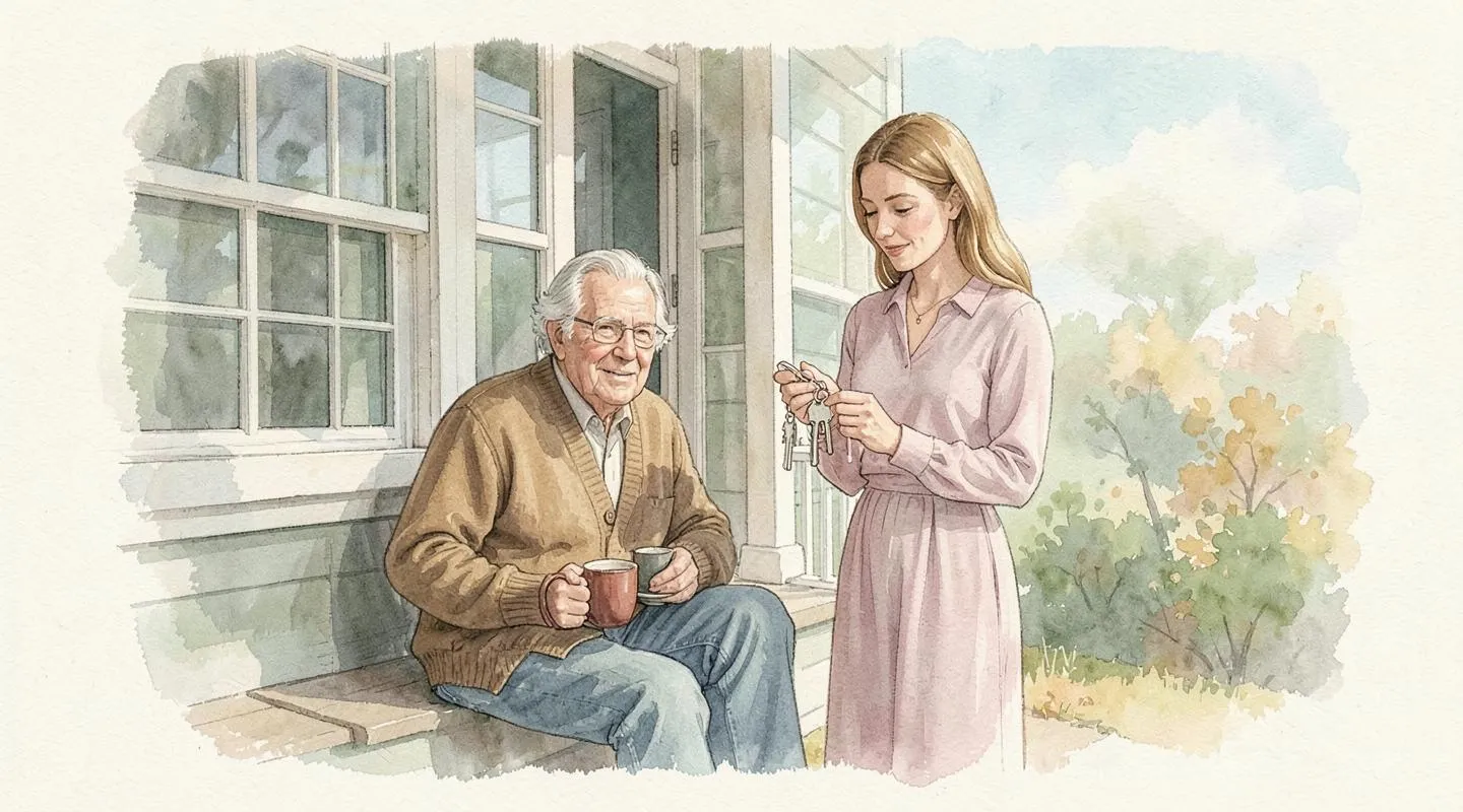 Illustration: An older homeowner in a cardigan sitting on a front porch with a mug of tea