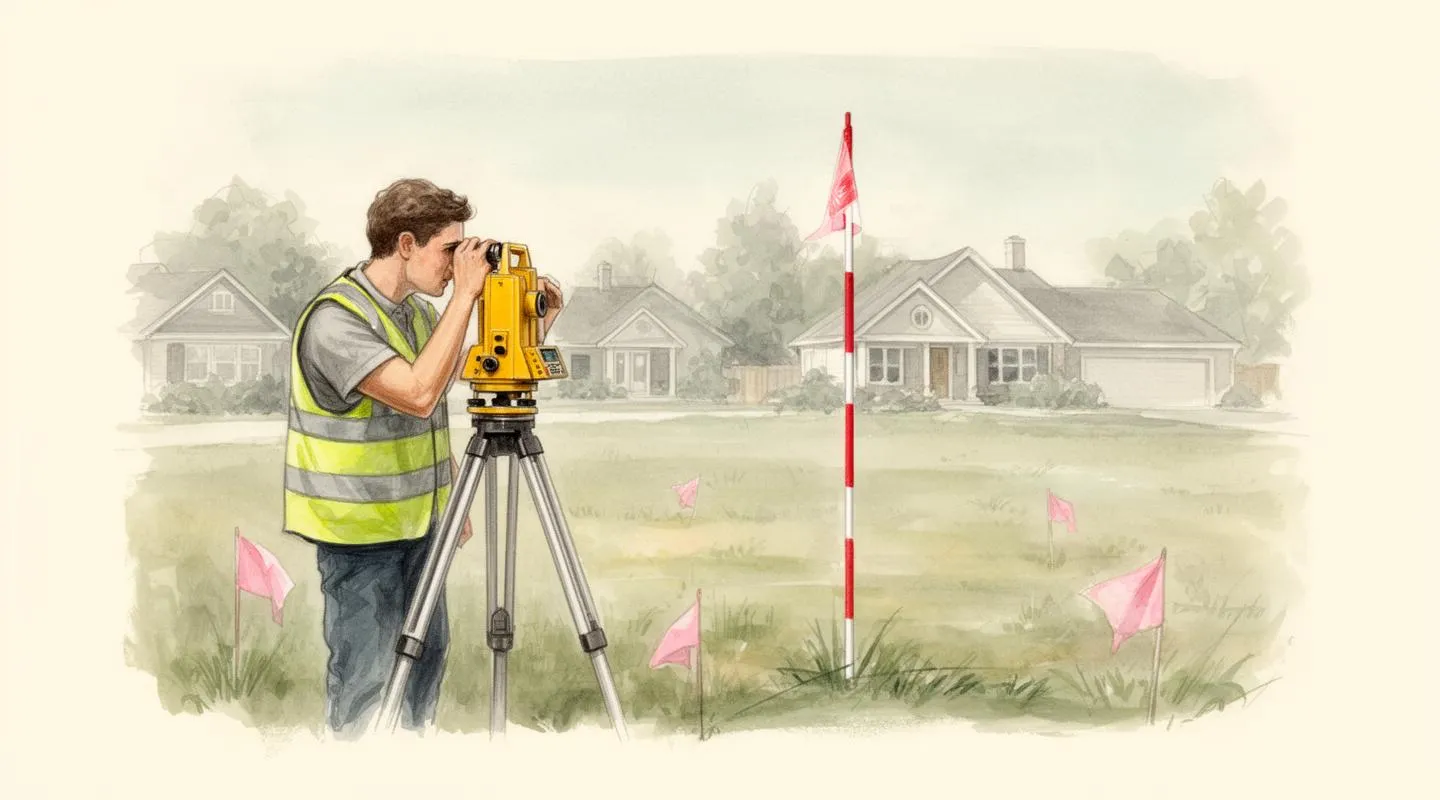 Illustration: A land surveyor in a high-visibility vest looking through a yellow surveying total station on a tripod