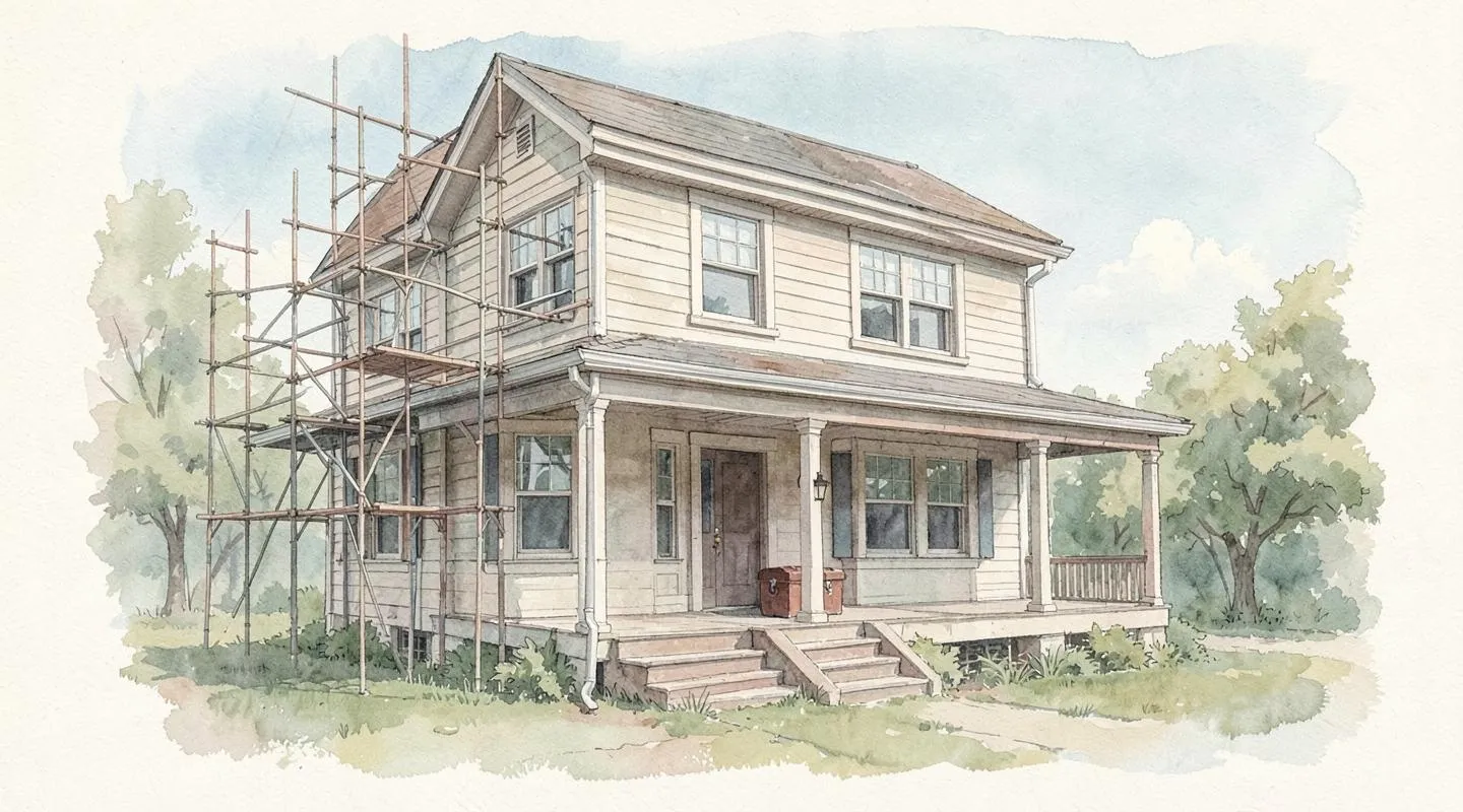 Illustration: A two-story house with scaffolding on one side and a partly finished porch addition
