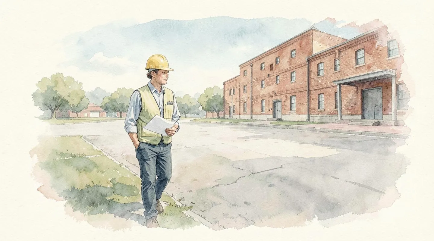 Illustration: An environmental professional in a hard hat and vest walking the edge of an empty commercial lot beside an old brick warehouse