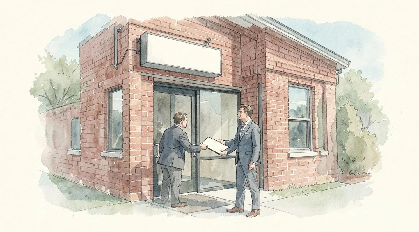 Illustration: A small modern brick commercial building with a blank hanging sign