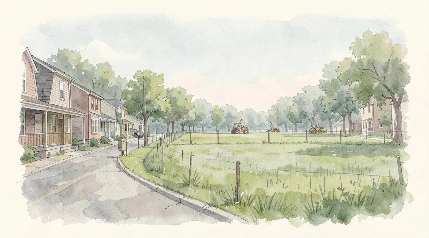 Illustration: A quiet residential street of modest houses at the edge of town