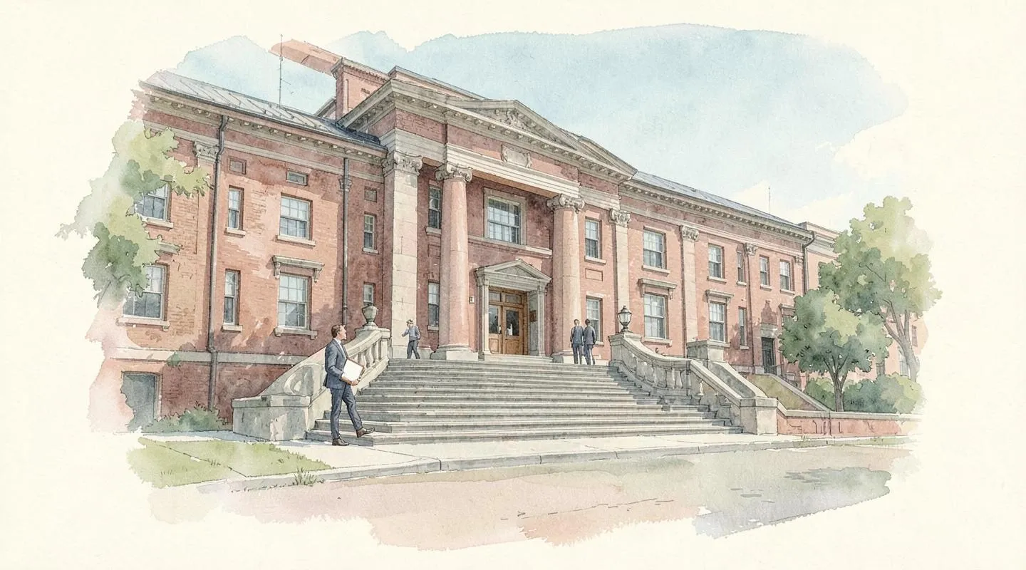 Illustration: An old brick courthouse with wide steps at midday