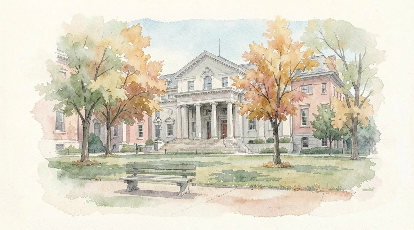 Illustration: An old county courthouse with columns seen across a small park