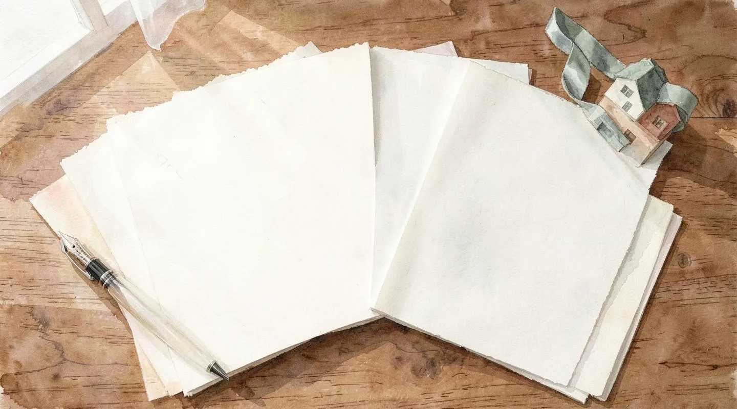 Illustration: An overhead view of blank pages fanned out on a wooden desk with a fountain pen